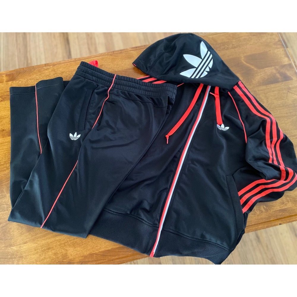Y2K Adidas Women's Tracksuit Set Full Zip Hooded Jacket & Pants Black Coral EUC